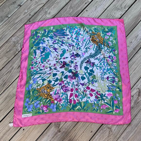 Bayron Women's Vintage Pink And Green Floral Tiger Print Square Scarf 100% Silk - Picture 2 of 10